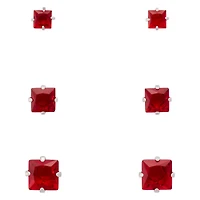 Multi-Pack Red CZ Square Stud Earrings 3 Pairs - 20 Gauge