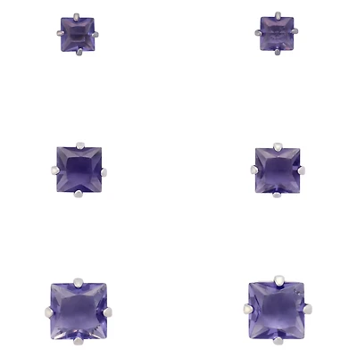 Multi-Pack Purple CZ Square Silver-Plated Stud Earrings 3 Pair - 20 Gauge