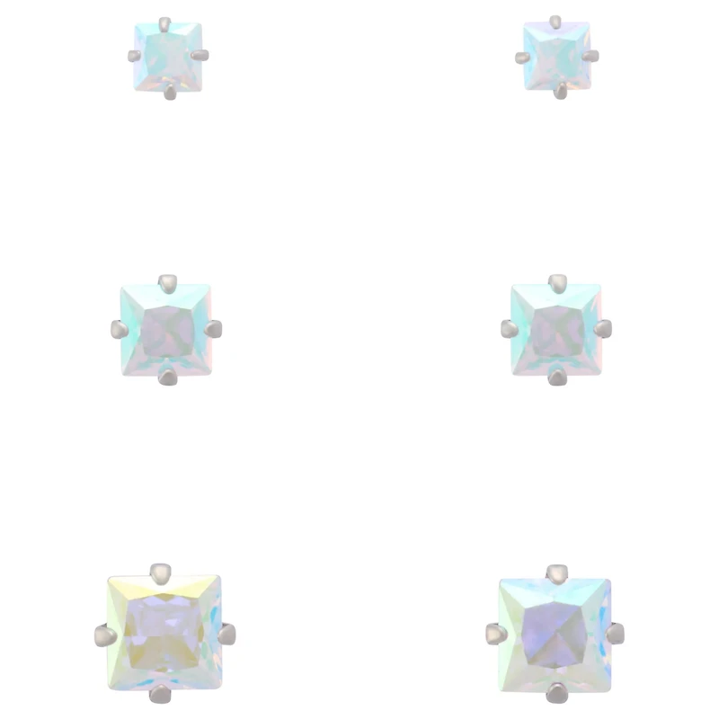 Multi-Pack Iridescent CZ Square Silver-Plated Stud Earrings 3 Pair - 20 Gauge