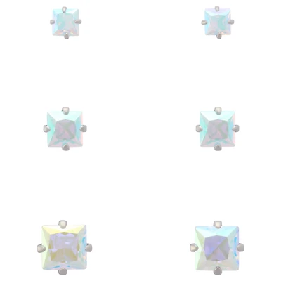 Multi-Pack Iridescent CZ Square Silver-Plated Stud Earrings 3 Pair - 20 Gauge