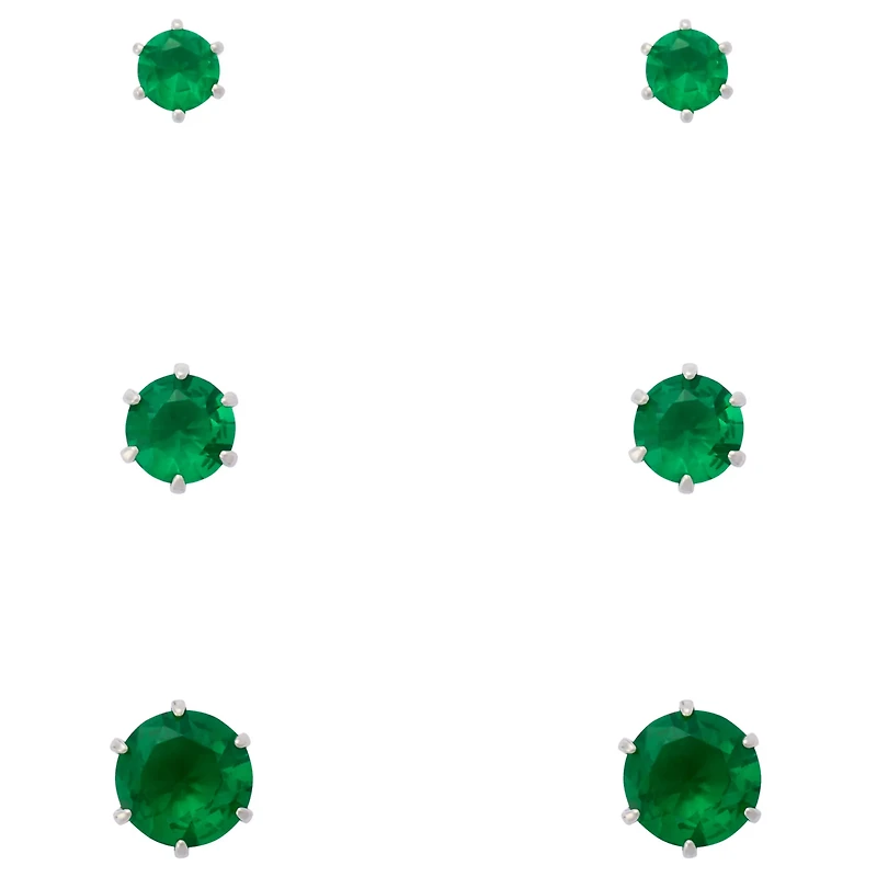 Multi-Pack Green CZ Silver-Plated Stud Earrings 3 Pair - 20 Gauge