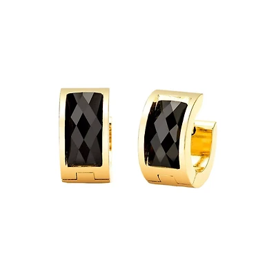 CZ Goldtone Black Rectangle Huggie Hoop Earrings