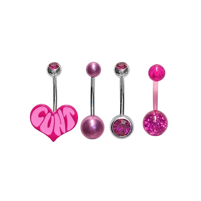 Multi-Pack Pink CZ Groovy Cunt Heart Silver-Tone Belly Rings 4 Pack - 14 Gauge