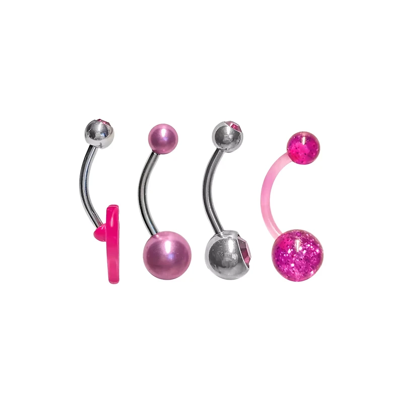 Multi-Pack Pink CZ Groovy Cunt Heart Silver-Tone Belly Rings 4 Pack - 14 Gauge