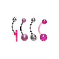 Multi-Pack Pink CZ Groovy Cunt Heart Silver-Tone Belly Rings 4 Pack - 14 Gauge