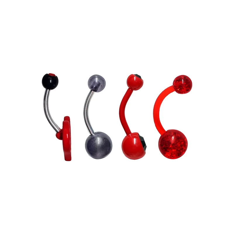 Multi-Pack Black and Red CZ Groovy Brat Heart Silver-Tone Belly Rings 4 Pack - 14 Gauge