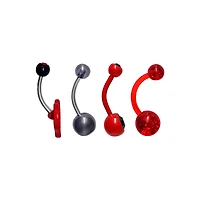 Multi-Pack Black and Red CZ Groovy Brat Heart Silver-Tone Belly Rings 4 Pack - 14 Gauge