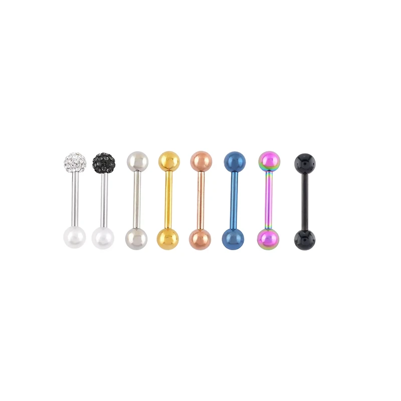 Multi-Pack Silvertone Goldtone Multi-Color and Black Barbells 8 Pack - 14 Gauge