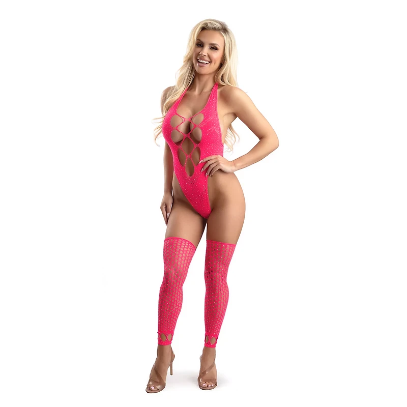 Pink UV Reactive Rhinestone Halter Bodysuit and Gloves Set