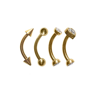 Multi-Pack CZ Heart and Spike Gold-Tone Curved Barbells 4 Pack - 16 Gauge