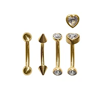 Multi-Pack CZ Heart and Spike Gold-Tone Curved Barbells 4 Pack - 16 Gauge