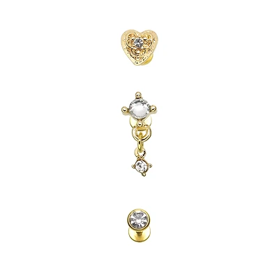 Multi-Pack Gold-Tone Gem Heart Dangle Flat Back Labret Lip Rings 3 Pack - 18 Gauge