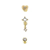 Multi-Pack Gold-Tone Gem Heart Dangle Flat Back Labret Lip Rings 3 Pack - 18 Gauge