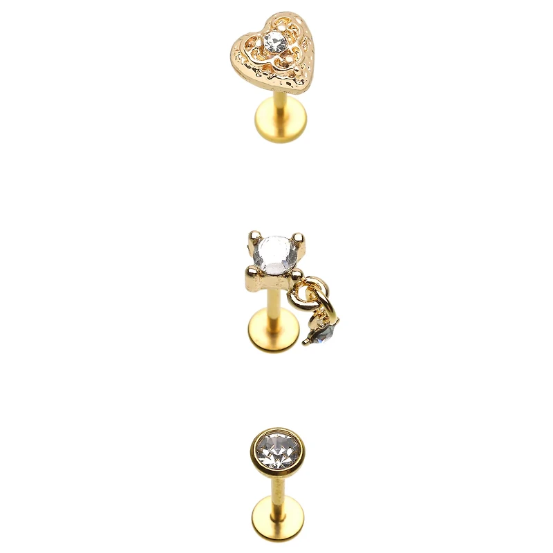 Multi-Pack Gold-Tone Gem Heart Dangle Flat Back Labret Lip Rings 3 Pack - 18 Gauge