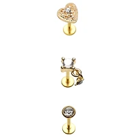 Multi-Pack Gold-Tone Gem Heart Dangle Flat Back Labret Lip Rings 3 Pack - 18 Gauge