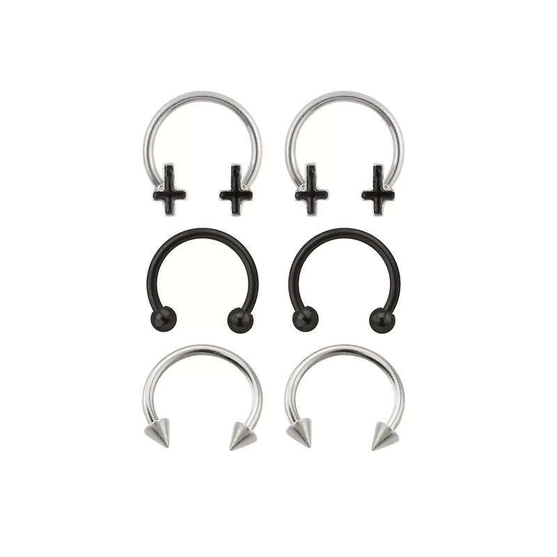 Multi-Pack Black Inverted Cross Horseshoe Rings 3 Pairs - 16 Gauge