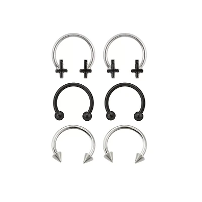 Multi-Pack Black Inverted Cross Horseshoe Rings 3 Pairs - 16 Gauge