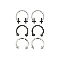 Multi-Pack Black Inverted Cross Horseshoe Rings 3 Pairs - 16 Gauge