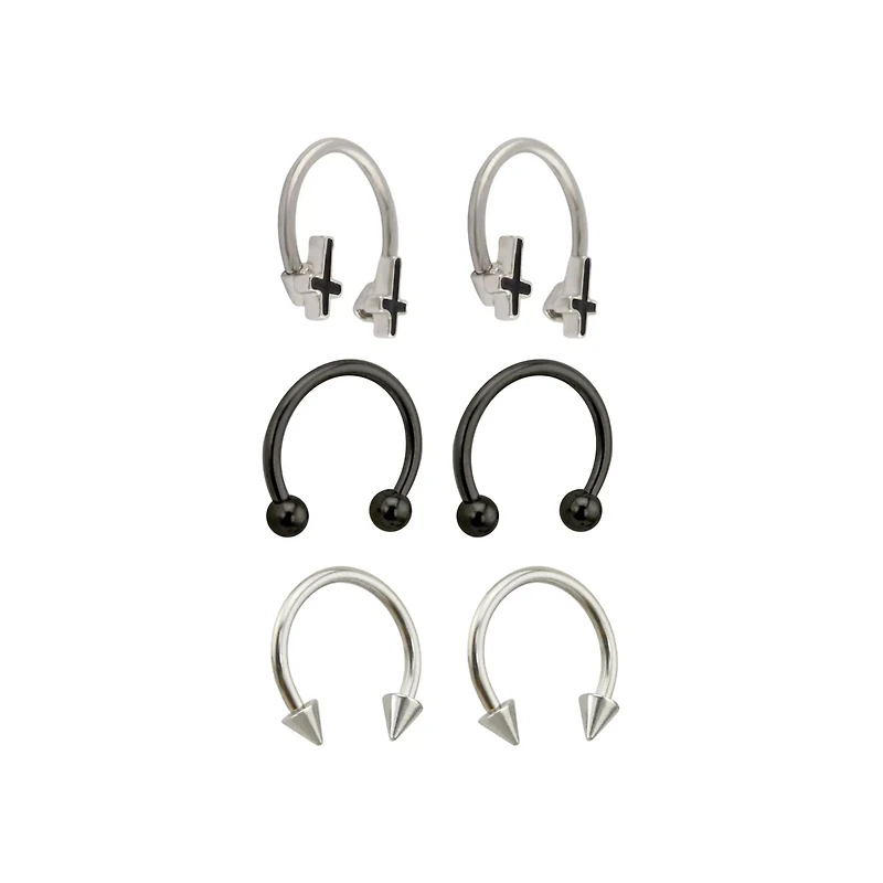 Multi-Pack Black Inverted Cross Horseshoe Rings 3 Pairs - 16 Gauge