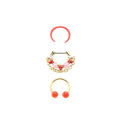 Multi-Pack Red Strawberry Septum Clicker Retainer and Horseshoe Rings 3 Pack - 16 Gauge