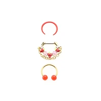 Multi-Pack Red Strawberry Septum Clicker Retainer and Horseshoe Rings 3 Pack - 16 Gauge