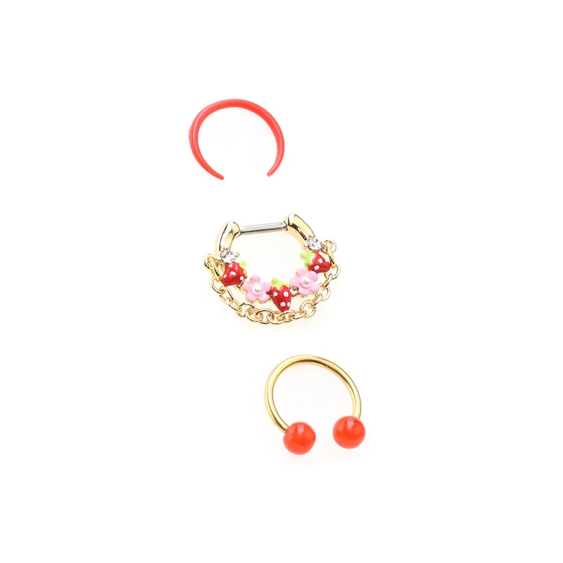 Multi-Pack Red Strawberry Septum Clicker Retainer and Horseshoe Rings 3 Pack - 16 Gauge