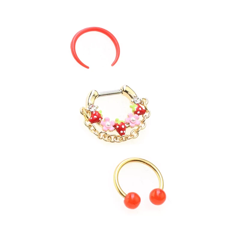 Multi-Pack Red Strawberry Septum Clicker Retainer and Horseshoe Rings 3 Pack - 16 Gauge