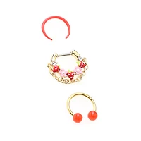 Multi-Pack Red Strawberry Septum Clicker Retainer and Horseshoe Rings 3 Pack - 16 Gauge