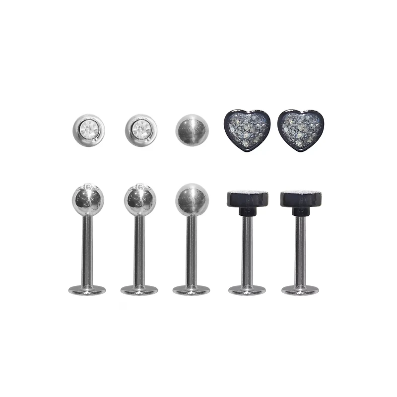 Multi-Pack CZ Black Heart Labret Lip Rings 5 Pack - 16 Gauge
