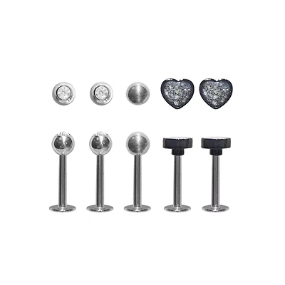 Multi-Pack CZ Black Heart Labret Lip Rings 5 Pack - 16 Gauge