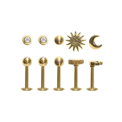 Multi-Pack Clear CZ Celestial Gold-Tone Labret Lip Rings 5 Pack - 16 Gauge