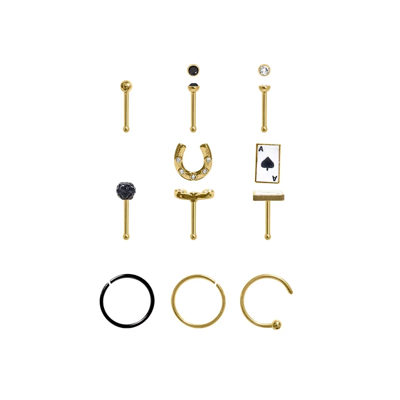Multi-Pack Black and Clear CZ Lucky Draw Gold-Tone Nose Pins and Hoops 9 Pack - 20 Gauge