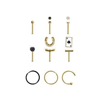 Multi-Pack Black and Clear CZ Lucky Draw Gold-Tone Nose Pins and Hoops 9 Pack - 20 Gauge