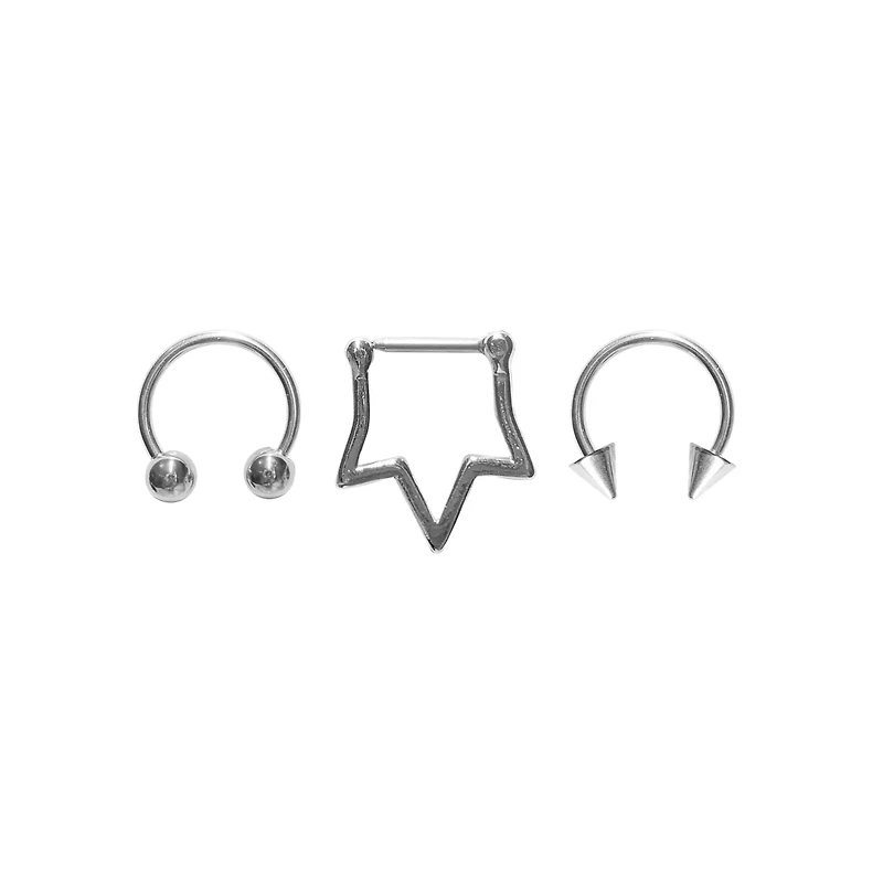 Multi-Pack Star Spike Horseshoe and Clicker Septum Rings 3 Pack - 16 Gauge
