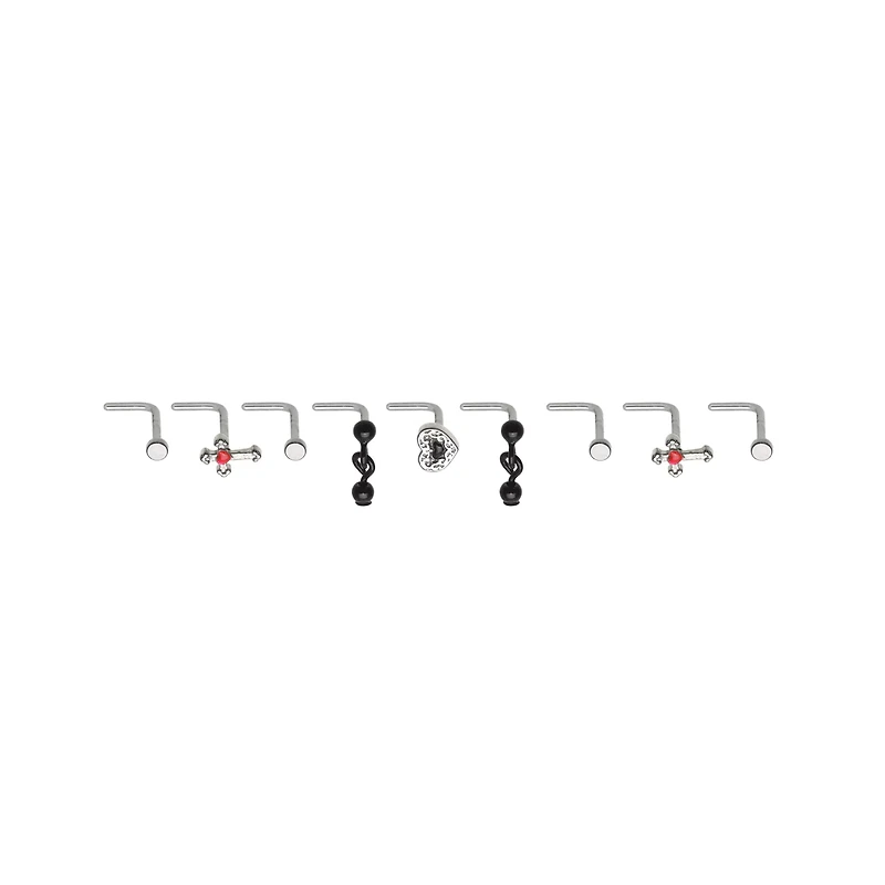 Multi-Pack Cross and Heart L-Bend Nose Rings 9 Pack - 20 Gauge