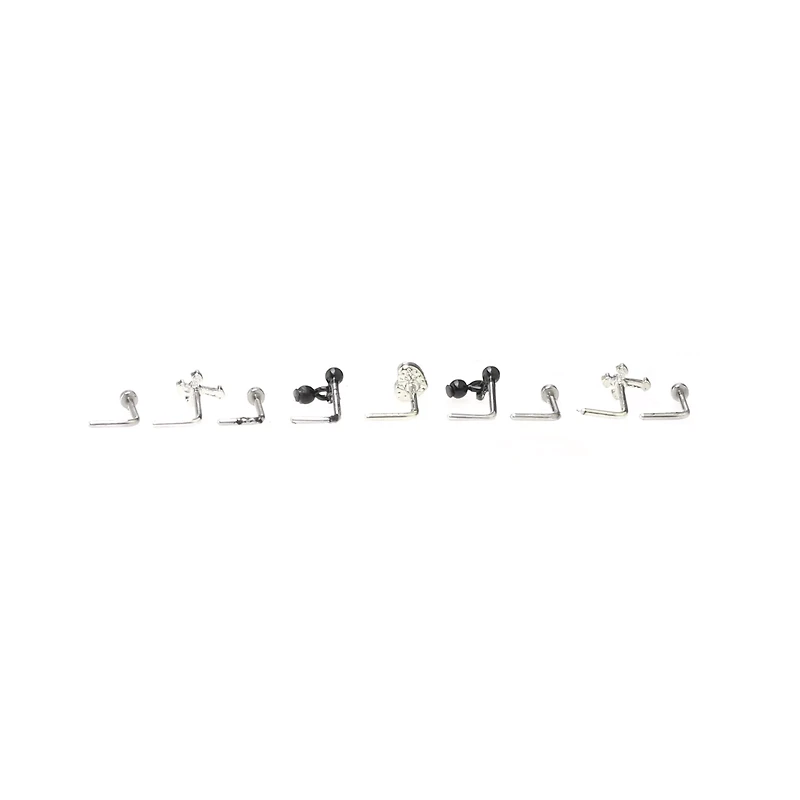 Multi-Pack Cross and Heart L-Bend Nose Rings 9 Pack - 20 Gauge