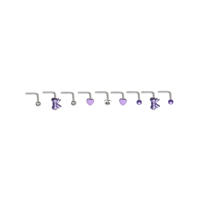 Multi-Pack Purple Bow and Heart L-Bend Nose Rings 9 Pack - 20 Gauge