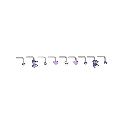 Multi-Pack Purple Bow and Heart L-Bend Nose Rings 9 Pack - 20 Gauge