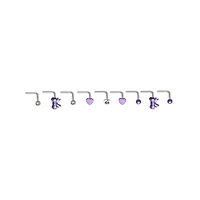 Multi-Pack Purple Bow and Heart L-Bend Nose Rings 9 Pack - 20 Gauge