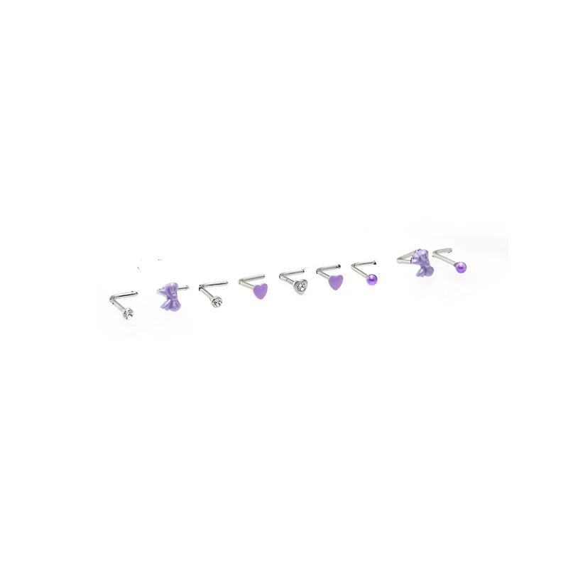 Multi-Pack Purple Bow and Heart L-Bend Nose Rings 9 Pack - 20 Gauge