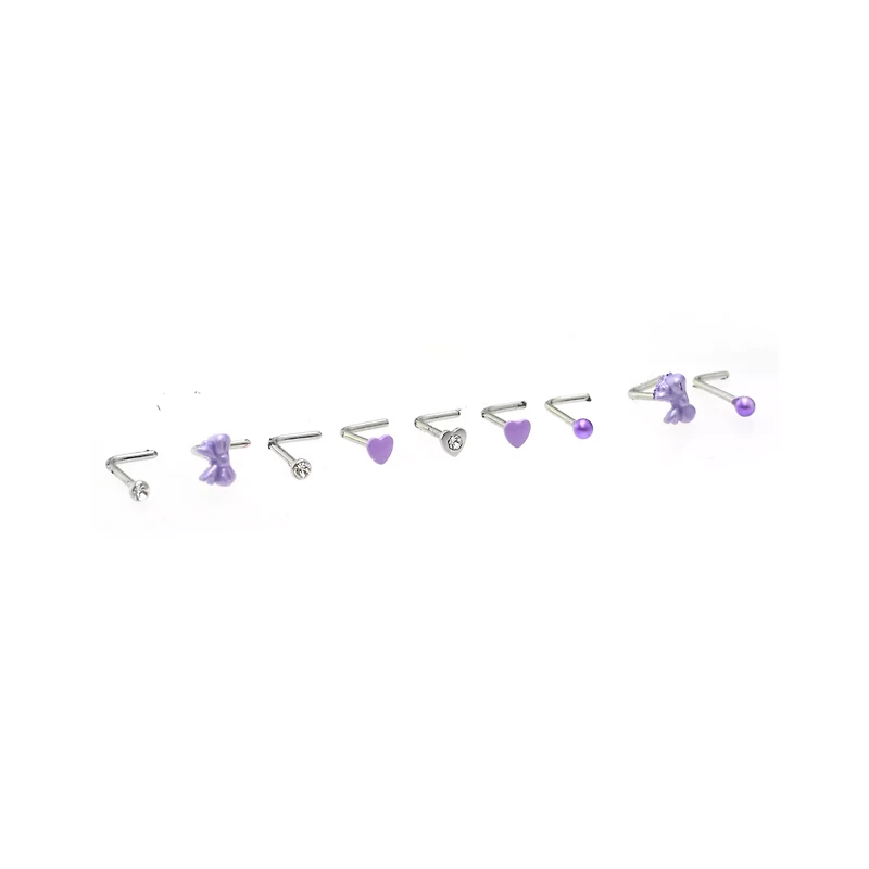 Multi-Pack Purple Bow and Heart L-Bend Nose Rings 9 Pack - 20 Gauge