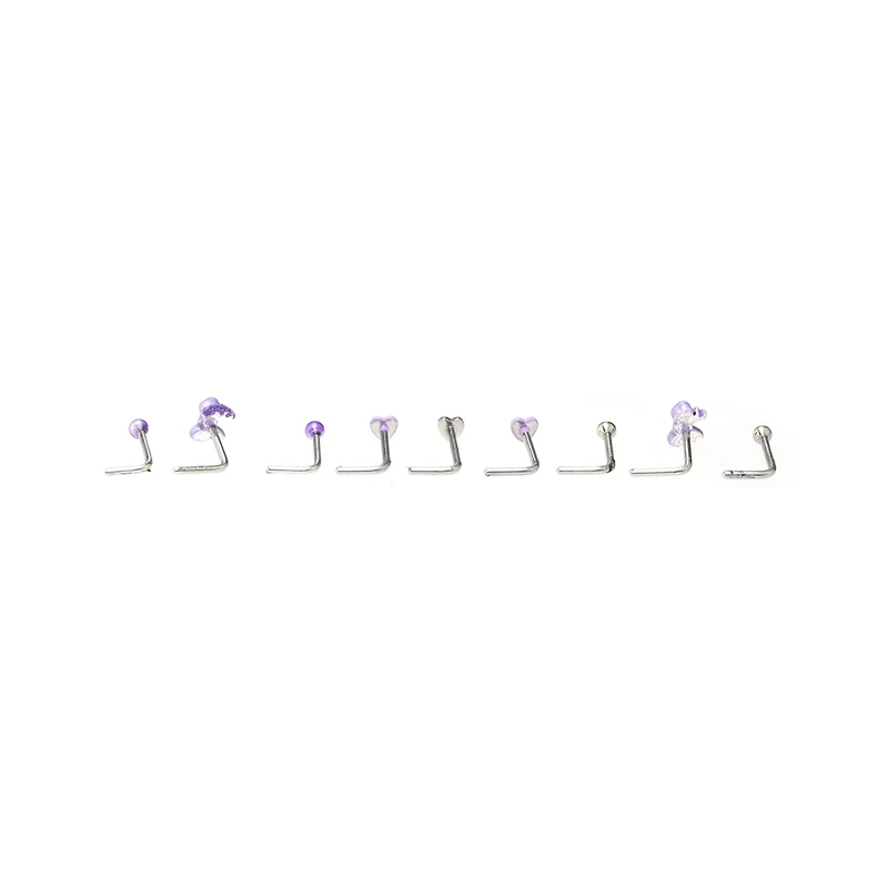 Multi-Pack Purple Bow and Heart L-Bend Nose Rings 9 Pack - 20 Gauge
