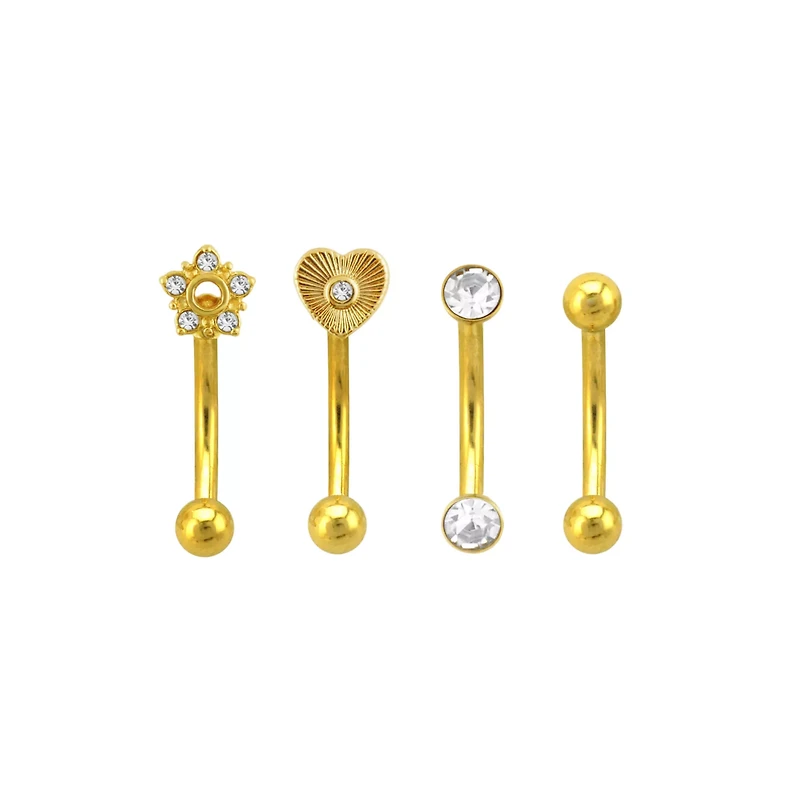 Multi-Pack CZ Heart Flower Gold-Tone Curved Barbells 4 Pack - 16 Gauge