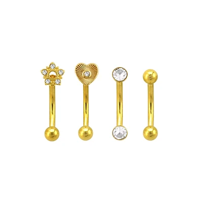 Multi-Pack CZ Heart Flower Gold-Tone Curved Barbells 4 Pack - 16 Gauge