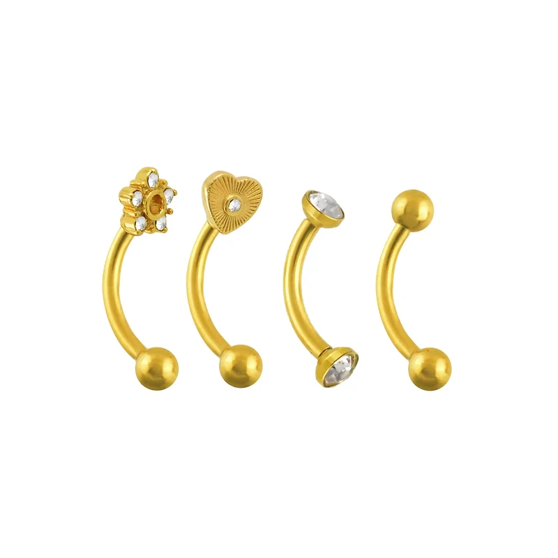 Multi-Pack CZ Heart Flower Gold-Tone Curved Barbells 4 Pack - 16 Gauge