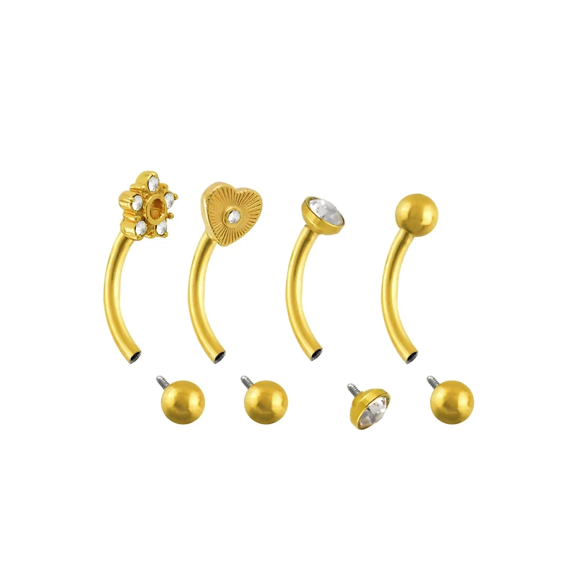 Multi-Pack CZ Heart Flower Gold-Tone Curved Barbells 4 Pack - 16 Gauge