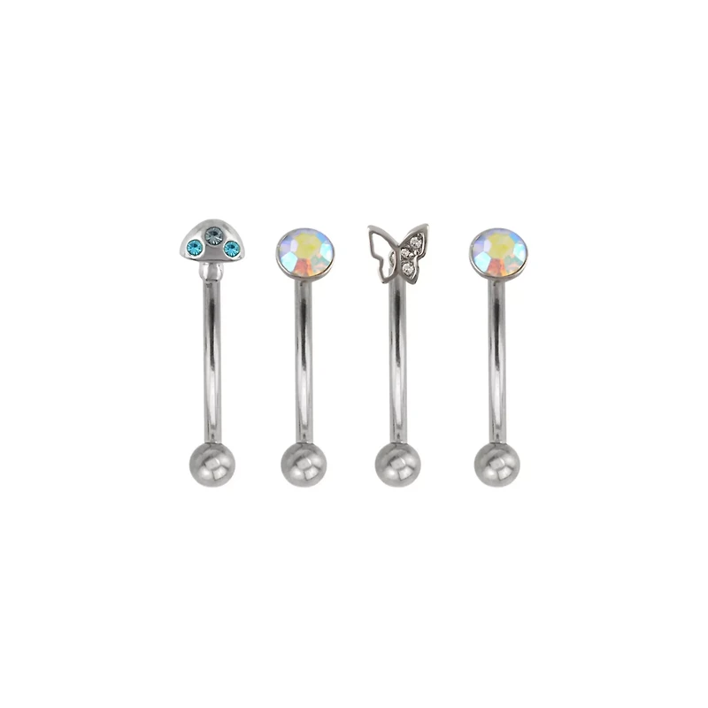 Multi-Pack Iridescent CZ Fairycore Silver-Tone Curved Barbells 4 Pack - 16 Gauge