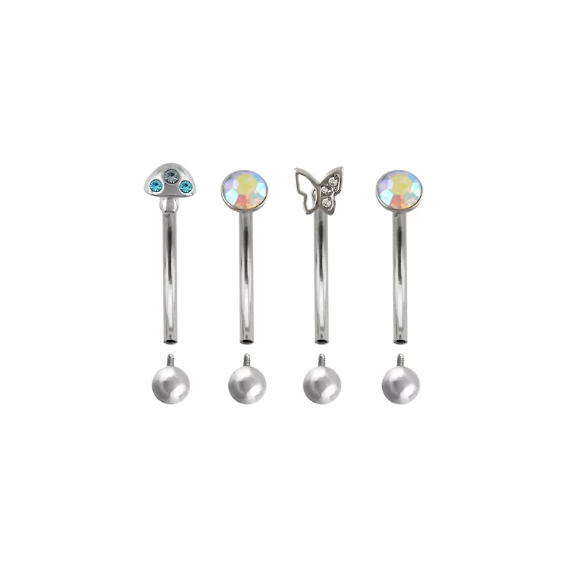 Multi-Pack Iridescent CZ Fairycore Silver-Tone Curved Barbells 4 Pack - 16 Gauge