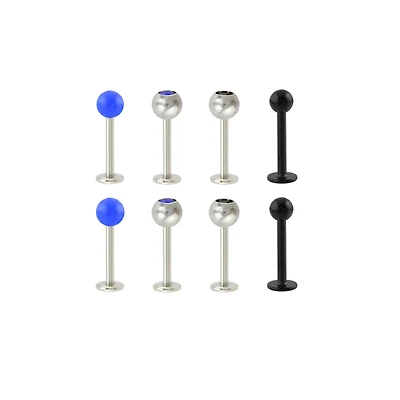 Multi-Pack Black and Blue CZ Labret Lip Rings 8 Pack - 16 Gauge
