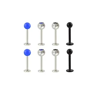 Multi-Pack Black and Blue CZ Labret Lip Rings 8 Pack - 16 Gauge